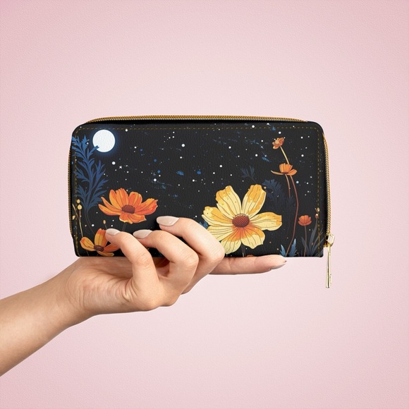Midnight Flowers Zipper Wallet | Full Moon Nighttime Spring Flowers | Premium - Picture 6 of 6